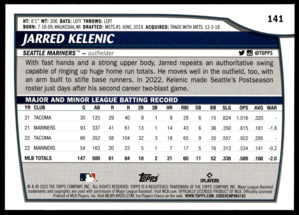 2023 Topps Big League Jarred Kelenic #141 (Back)