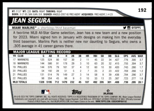 2023 Topps Big League Jean Segura #192 (Back)