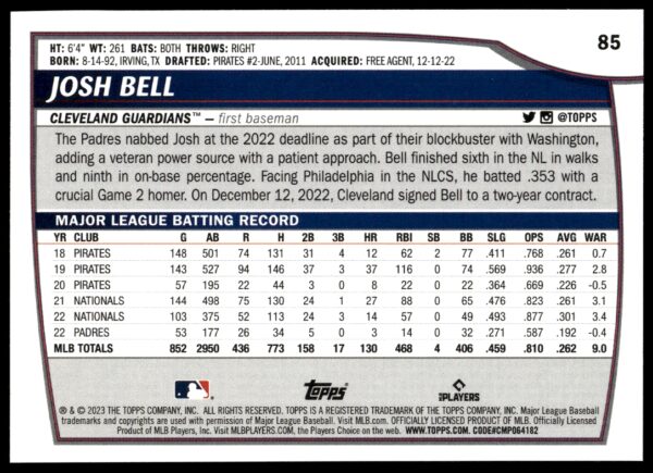 2023 Topps Big League Josh Bell #85 (Back)