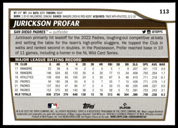 2023 Topps Big League Jurickson Profar #113 (Back)