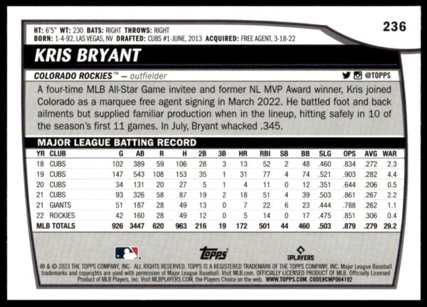 2023 Topps Big League Kris Bryant Rainbow Foil #236 (Back)