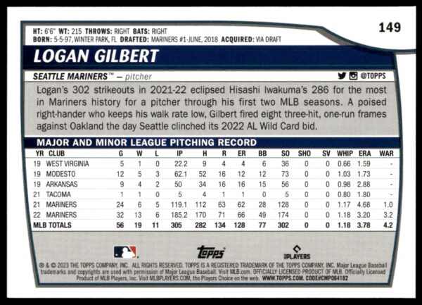 2023 Topps Big League Logan Gilbert #149 (Back)