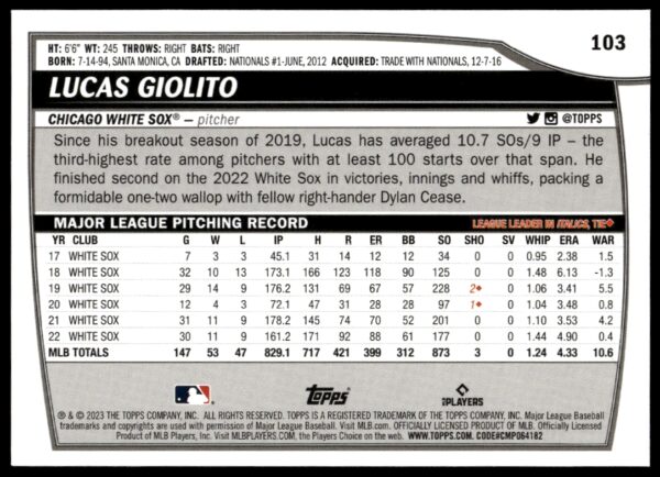 2023 Topps Big League Lucas Giolito #103 (Back)