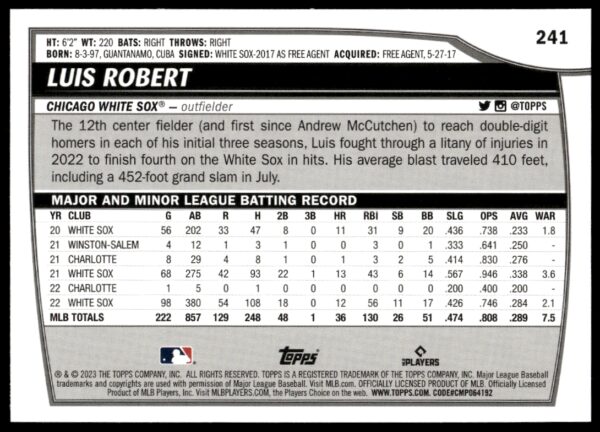 2023 Topps Big League Luis Robert Rainbow Foil #241 (Back)