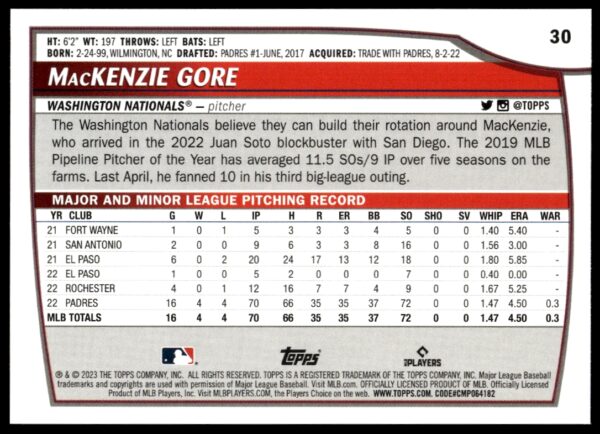 2023 Topps Big League MacKenzie Gore #30 (Back)