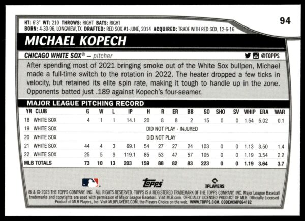 2023 Topps Big League Michael Kopech #94 (Back)