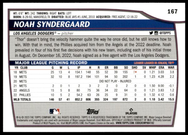 2023 Topps Big League Noah Syndergaard #167 (Back)