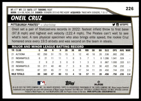 2023 Topps Big League Oneil Cruz Rainbow Foil #226 (Back)