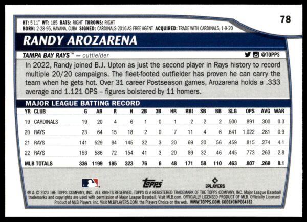 2023 Topps Big League Randy Arozarena #78 (Back)