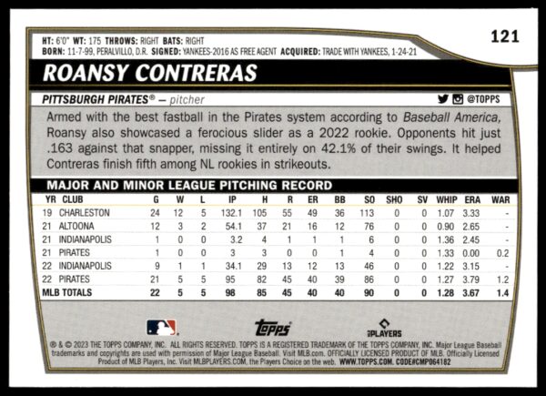 2023 Topps Big League Roansy Contreras #121 (Back)