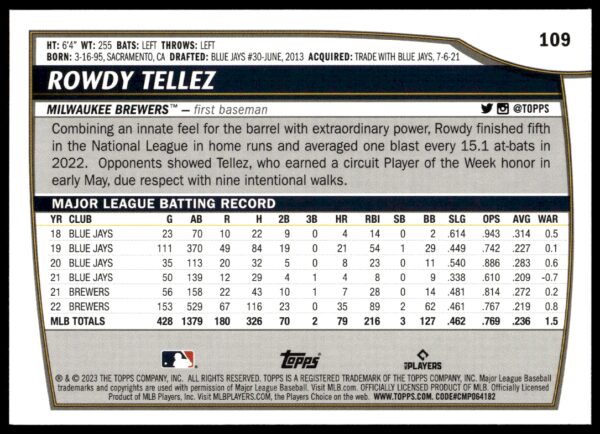 2023 Topps Big League Rowdy Tellez #109 (Back)