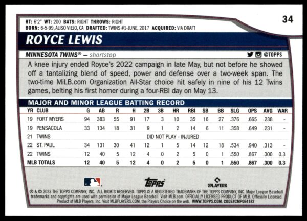 2023 Topps Big League Royce Lewis #34 (Back)