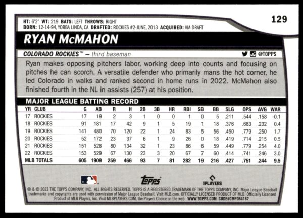 2023 Topps Big League Ryan McMahon #129 (Back)