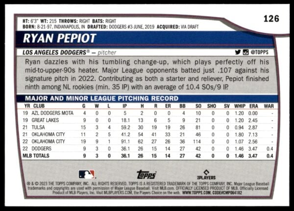 2023 Topps Big League Ryan Pepiot #126 (Back)