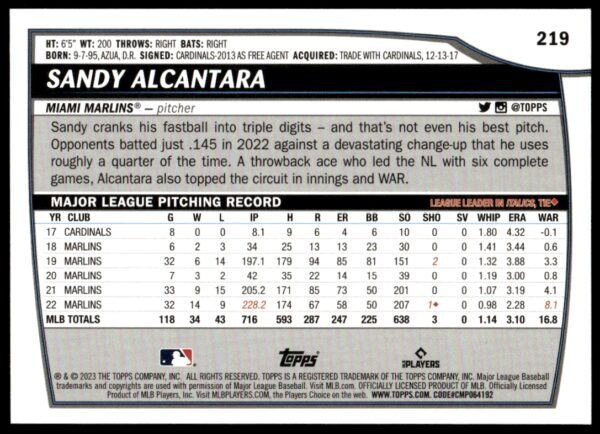 2023 Topps Big League Sandy Alcantara Rainbow Foil #219 (Back)