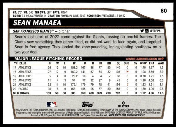 2023 Topps Big League Sean Manaea #60 (Back)