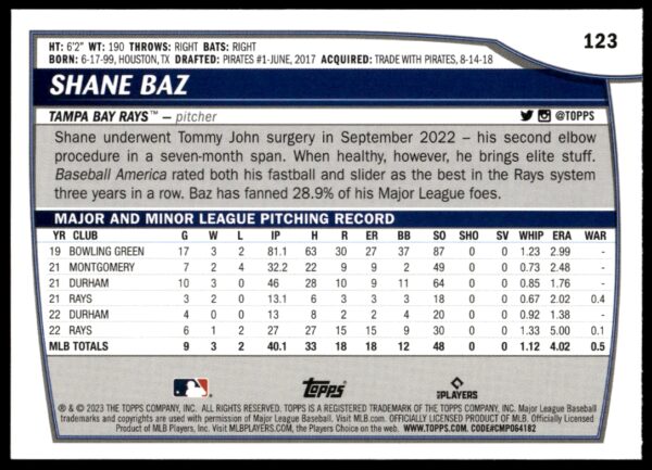 2023 Topps Big League Shane Baz #123 (Back)