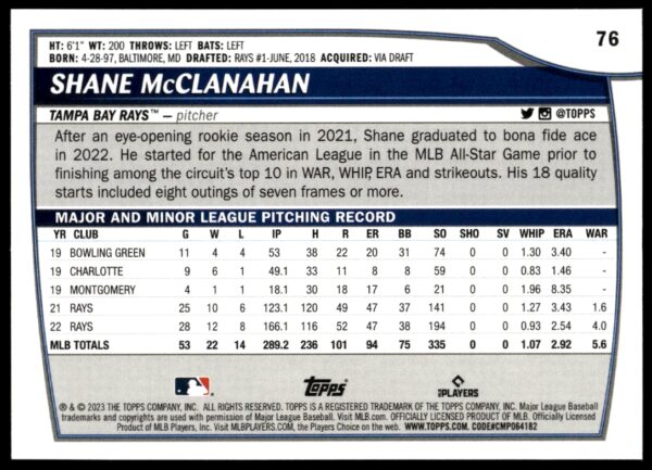 2023 Topps Big League Shane McClanahan #76 (Back)