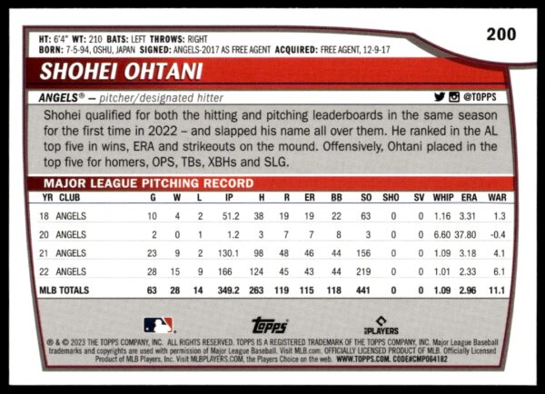 2023 Topps Big League Shohei Ohtani #200 (Back)