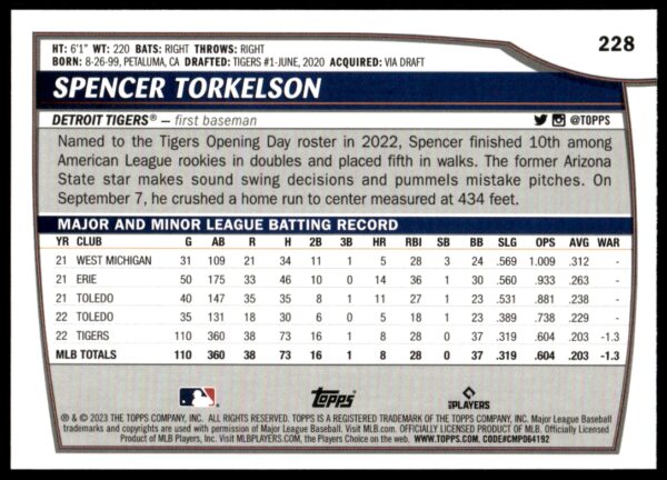 2023 Topps Big League Spencer Torkelson Rainbow Foil #228 (Back)