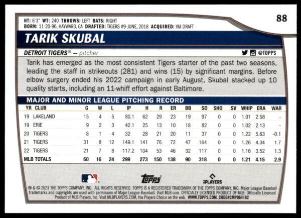 2023 Topps Big League Tarik Skubal #88 (Back)