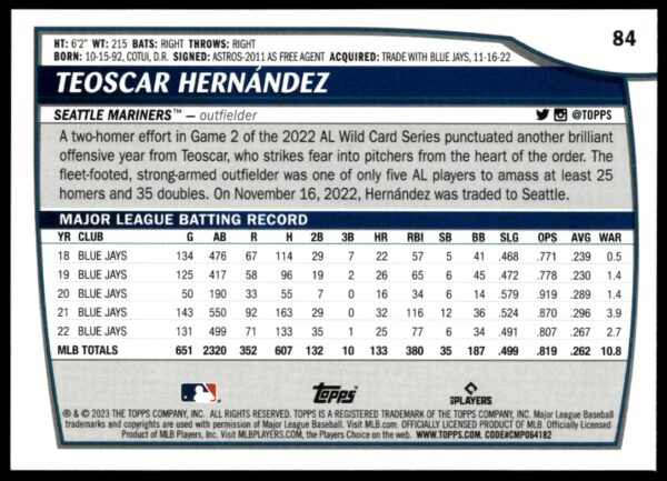 2023 Topps Big League Teoscar Hernandez #84 (Back)