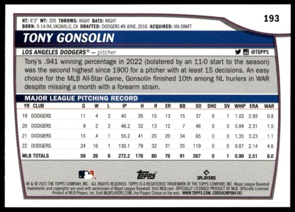 2023 Topps Big League Tony Gonsolin #193 (Back)