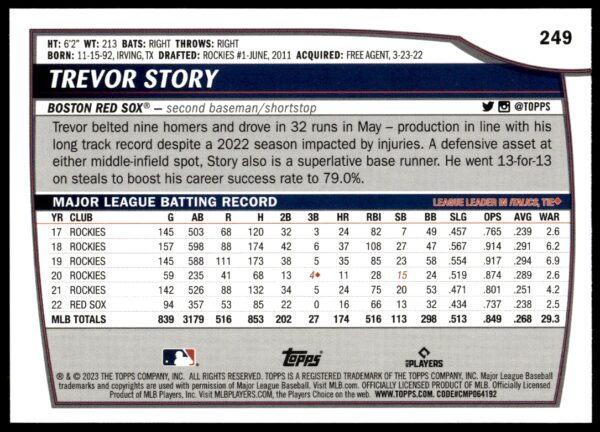 2023 Topps Big League Trevor Story Rainbow Foil #249 (Back)