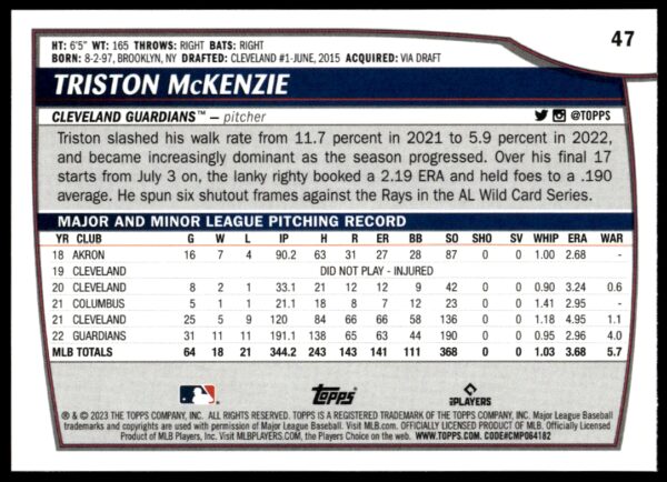 2023 Topps Big League Triston McKenzie #47 (Back)