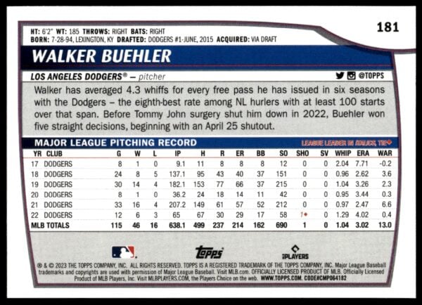 2023 Topps Big League Walker Buehler #181 (Back)