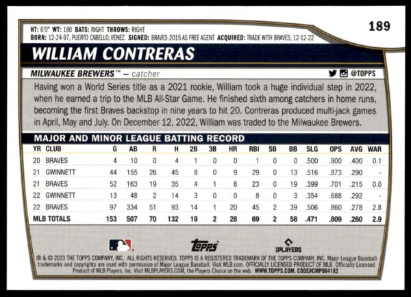 2023 Topps Big League William Contreras #189 (Back)