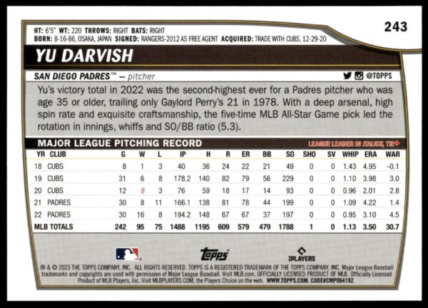 2023 Topps Big League Yu Darvish Rainbow Foil #243 (Back)