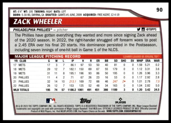 2023 Topps Big League Zack Wheeler #90 (Back)