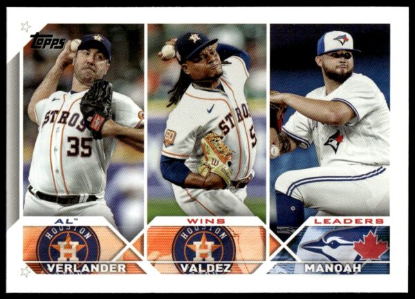 2023 Topps Series 1 AL Wins Leaders: Justin Verlander / Framber Valdez / Alek Manoah #82 (Front)