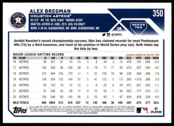 2023 Topps Series 1 Alex Bregman #350 (Back)