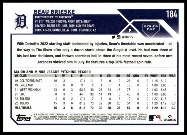 2023 Topps Series 1 Beau Brieske #184 (Back)