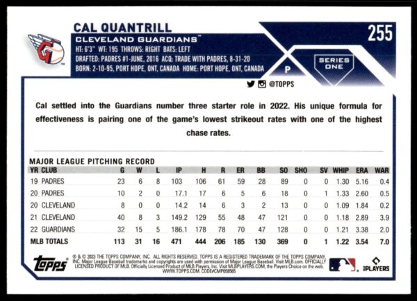 2023 Topps Series 1 Cal Quantrill #255 (Back)