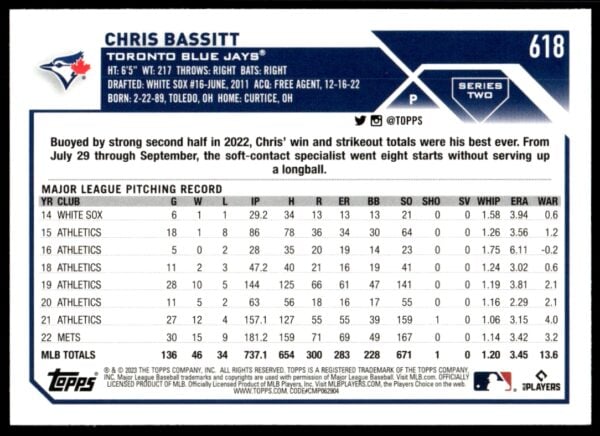 2023 Topps Series 1 Chris Bassitt #618 (Back)