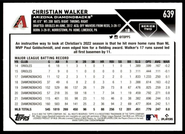 2023 Topps Series 1 Christian Walker #639 (Back)