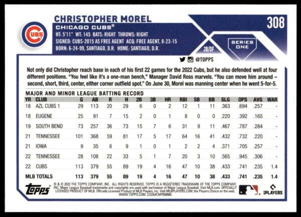 2023 Topps Series 1 Christopher Morel #308 (Back)