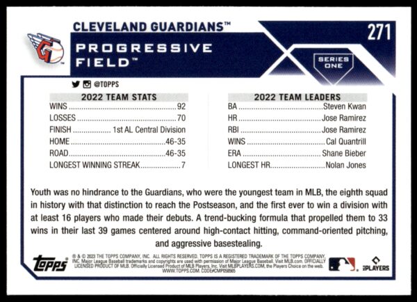 2023 Topps Series 1 Cleveland Guardians Team Card #271 (Back)