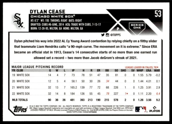 2023 Topps Series 1 Dylan Cease #53 (Back)