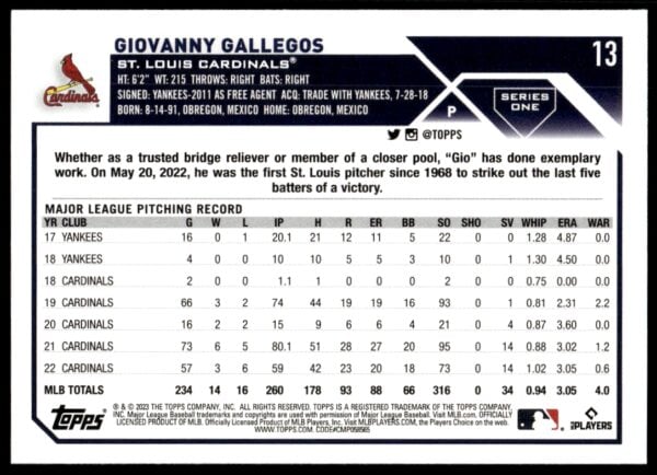 2023 Topps Series 1 Giovanny Gallegos #13 (Back)