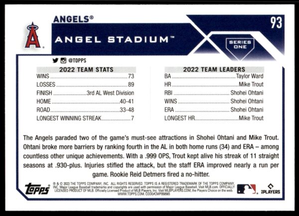 2023 Topps Series 1 Los Angeles Angels Team Card #93 (Back)