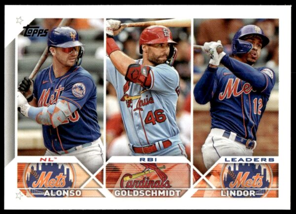 2023 Topps Series 1 NL RBI Leaders: Pete Alonso / Paul Goldschmidt / Francisco Lindor #240 (Front)