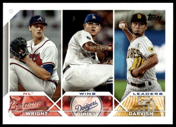 2023 Topps Series 1 NL Wins Leaders: Kyle Wright / Julio Uri?as / Yu Darvish #284 (Front)