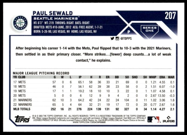 2023 Topps Series 1 Paul Sewald #207 (Back)