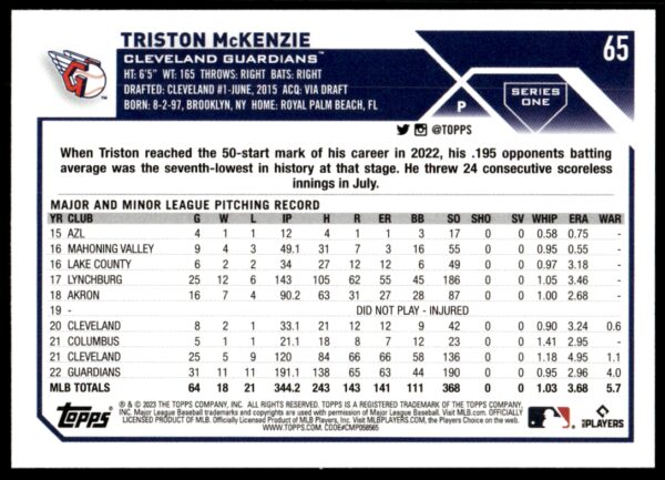 2023 Topps Series 1 Triston McKenzie #65 (Back)