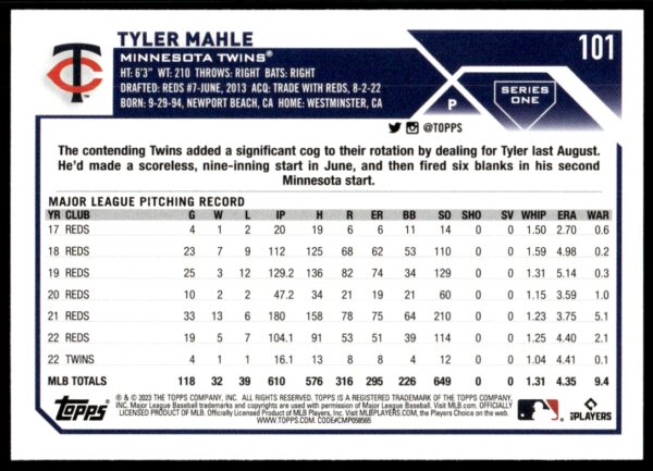 2023 Topps Series 1 Tyler Mahle #101 (Back)