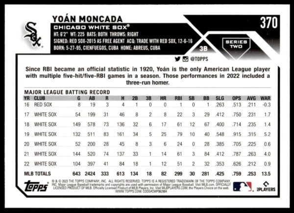 2023 Topps Series 1 Yoan Moncada #370 (Back)